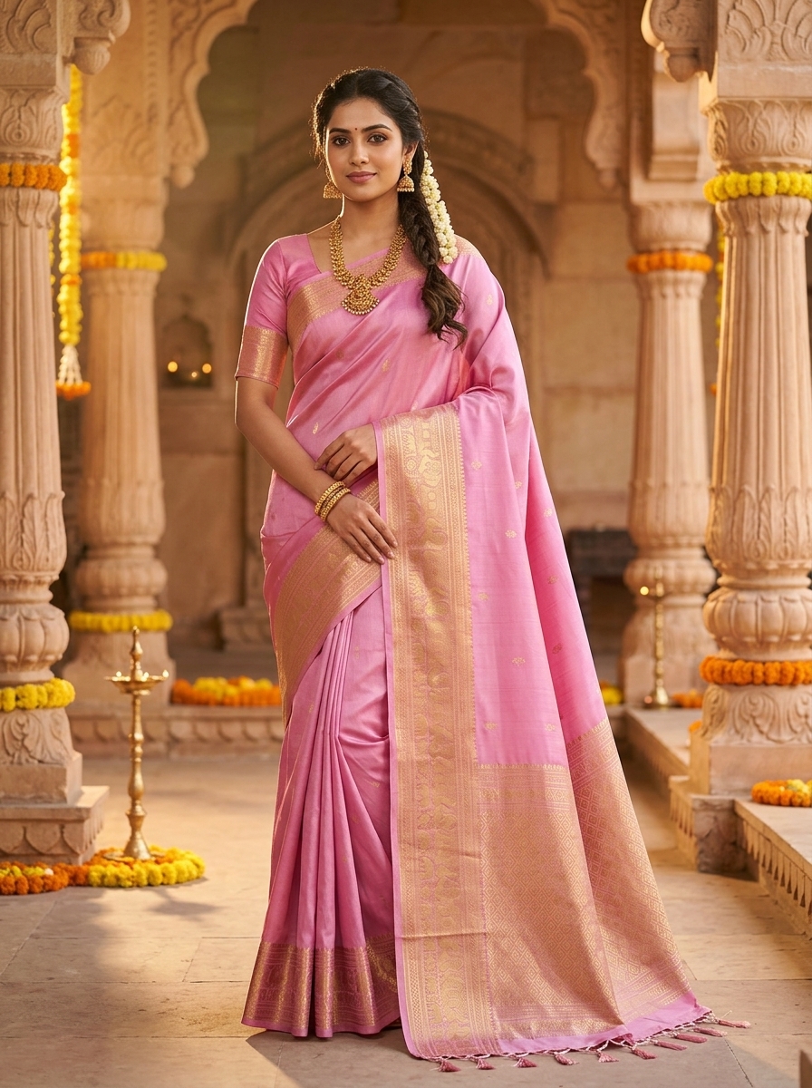 Pastel Kanchipuram Silk Saree featuring fine self-brocade buttis Pastel Pink